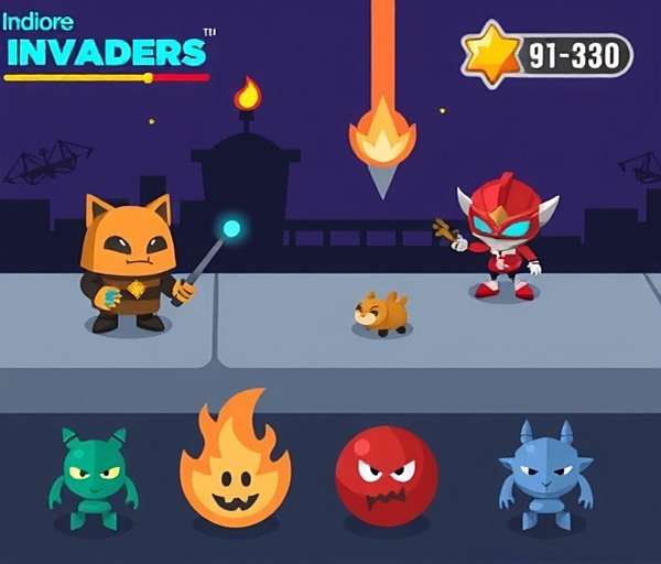 Indore Invaders Localization Features Indore Invaders showing Hindi interface and local power-ups
